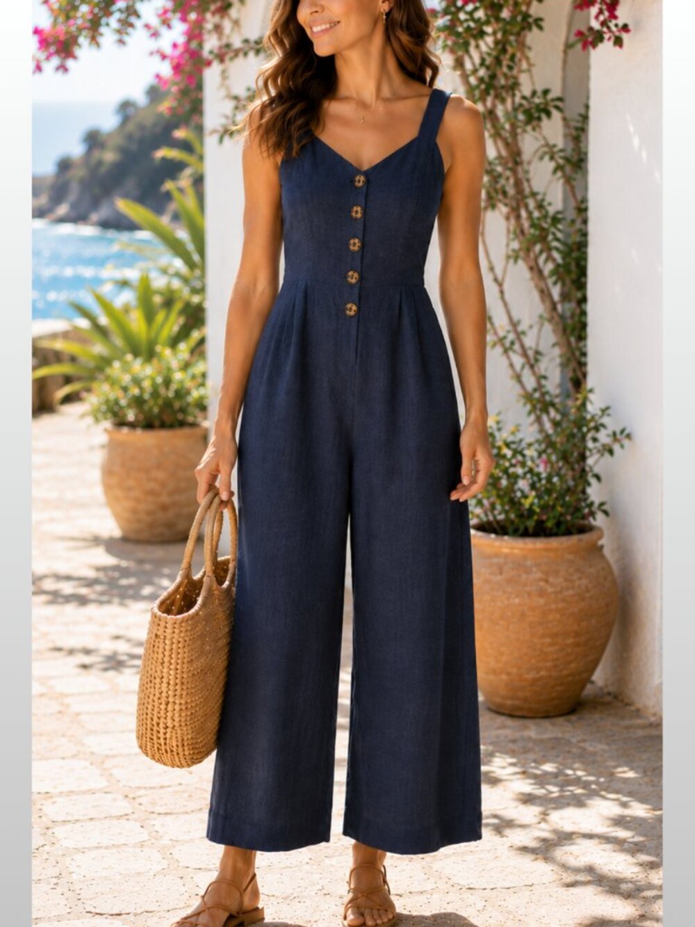 Wild Fable Navy Chambray Wide Leg Jumpsuit S Coastal Boho Minimalist